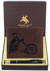 London Alley Harley Vintage RFID Blocking Leather Wallet & Pen Combo Gift Set for Men